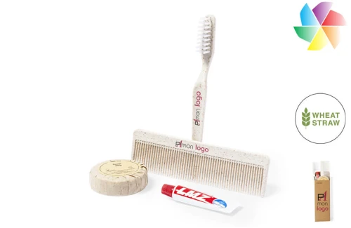 Set de toilette publicitaire personnalisé Essentiel Kit avec brosse à dents, dentifrice, peigne, savon 