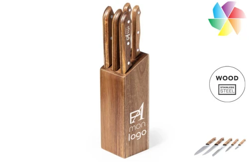 Set de 5 couteaux publicitaires personnalisés Wheeler avec base en bois 
