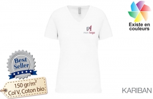T-shirt blanc col v bio écologique kariban pour femme publicitaire personnalisé 