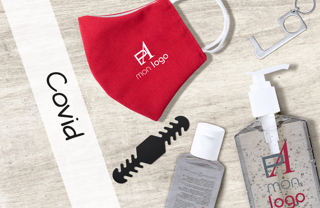 Masques, kits et accessoires covid 19 publicitaires personnalisables pas chers 