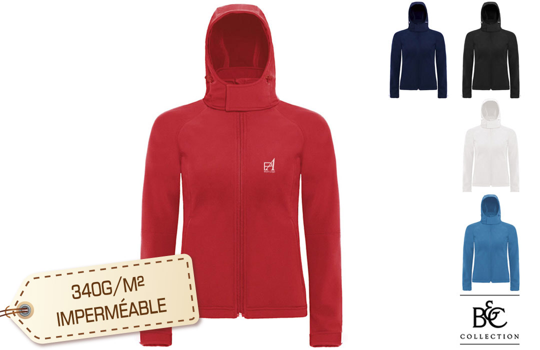 Softshell femme avec capuche flocage publicitaire logo personnalisable pas chère 