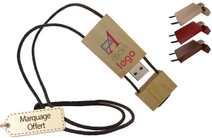 Clé USB en bois avec cordon en cuir publicitaire personnalisée pas cher 