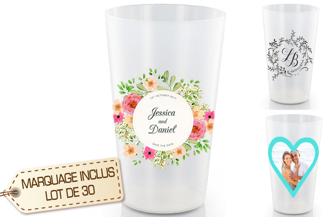 Gobelets personnalisés pour mariage lot 30 verres réutilisables