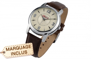Montre publicitaire personnalisée à boitier en alliage chromé et bracelet cuir héritage 