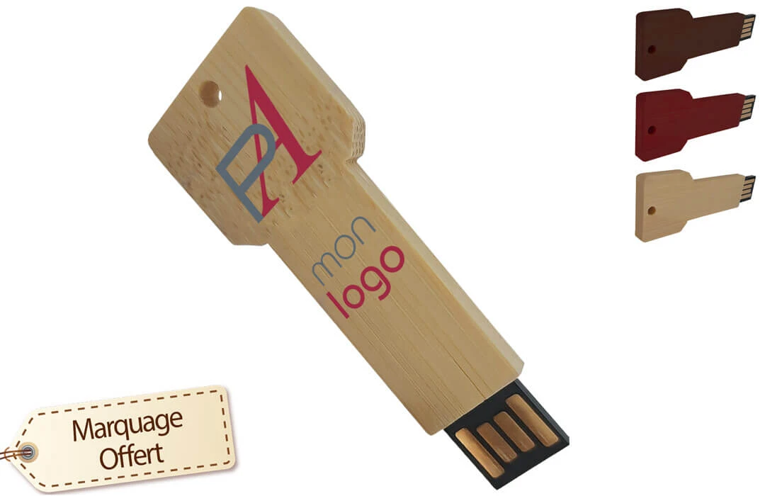 Clé USB en bois 15 Go avec texte, nom d'entreprise ou logo gravé.