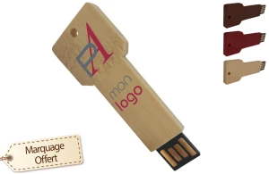 Clé USB en bois naturel en forme de clef publicitaire personnalisable pas cher 