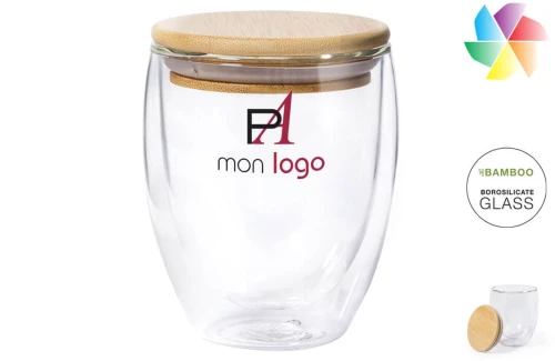 Mug thermique en verre et couvercle bambou publicitaire personnalisé Nystre 