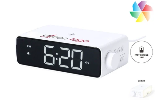 Horloge réveil matin publicitaire personnalisée Fabirt à chargeur sans fil 