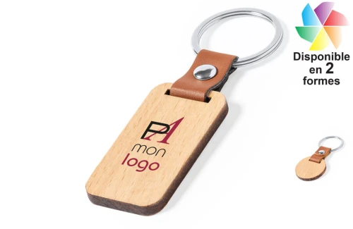 Porte-clés publicitaire personnalisé en bois naturel et cuir Mappets 