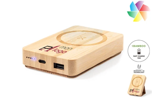 Batterie externe powerbank personnalisable chargeur sans fil en bambou et liège Dobson 5000 mAh 