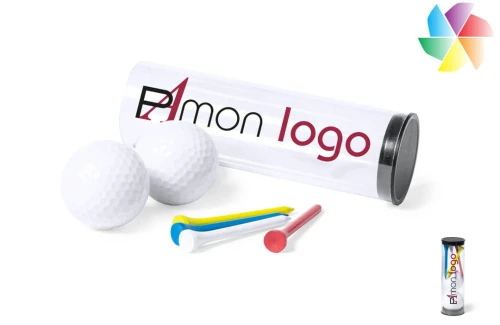 Set de 2 balles de Golf publicitaire personnalisé Caddie avec 4 tees en bois 