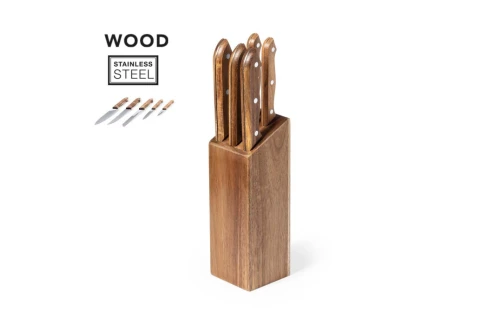 Set de 5 couteaux publicitaires personnalisés Wheeler avec base en bois 