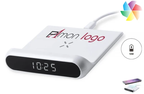 Horloge de bureau publicitaire personnalisée Thumal à chargeur sans fil 