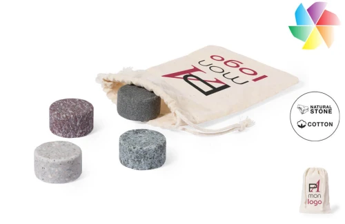 Set à glaçon publicitaire personnalisé Glamer ensemble avec 4 pierres réutilisables en granit et son sac de rangement en 