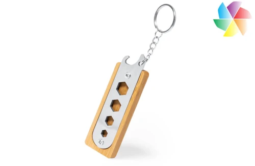 Porte-clés publicitaire personnalisé multi outils acier et bambou Balmy 