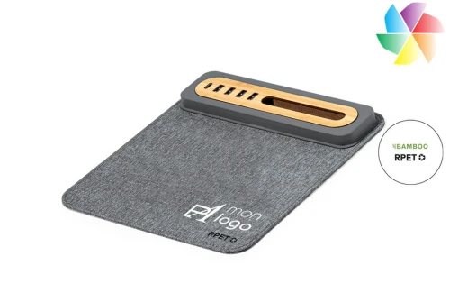 Tapis de souris multifonction publicitaire personnalisé Craig en RPET recyclé et bambou avec 5 port USB et support de té 