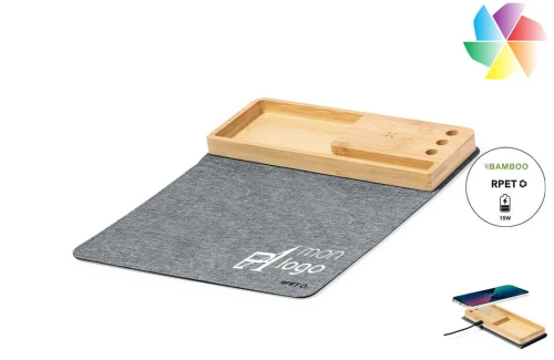 Tapis de souris de bureau multifonction publicitaire personnalisé Hossian en RPET et bambou recyclé avec chargeur sans f 