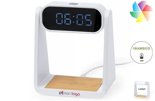 Horloge réveil matin publicitaire personnalisée Darret avec lampe et chargeur sans fil 