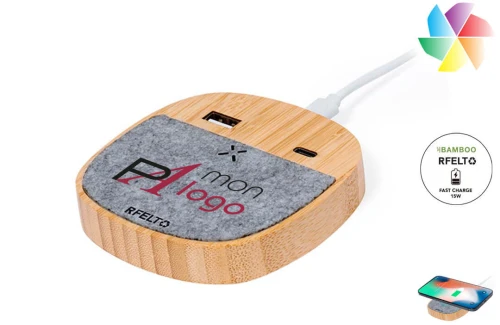 Chargeur de téléphone sans fil 15w en bambou et feutre publicitaire personnalisé Emerson 