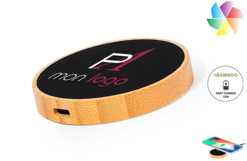 Chargeur de téléphone sans fil 15w en bambou publicitaire personnalisé Beckett 