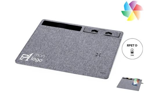 Tapis de souris publicitaire personnalisé multifonction Deuz en RPET recyclé avec chargeur sans fil 
