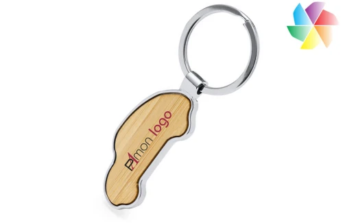 Porte-clés publicitaire personnalisé en forme de voiture en bambou et métal chromé Fangiox 