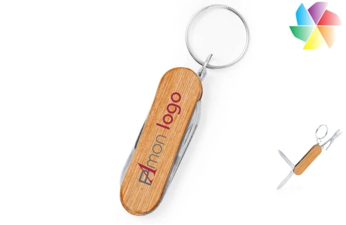 Porte-clés publicitaire publicitaire multi outils en bois et acier Famke 