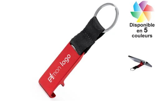 Porte-clés publicitaire personnalisé support téléphone en aluminium recyclé Fique 