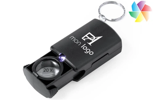 Porte-clés publicitaire personnalisé avec loupe 20X et lumière LED Kondes 