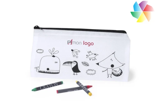 Trousse écolier publicitaire personnalisée Skinga avec 5 cires de couleurs 
