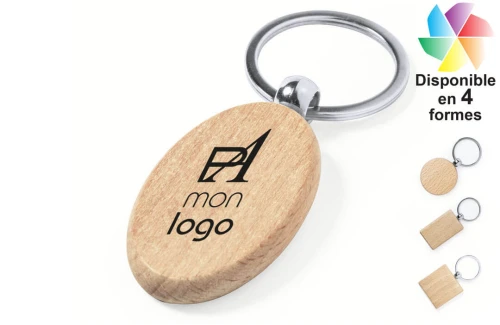 Porte-clés publicitaire personnalisé en bois de hêtre naturel Pelton 