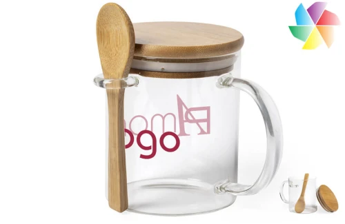 Mug en verre publicitaire personnalisé Kipal avec cuillère et couvercle bambou 