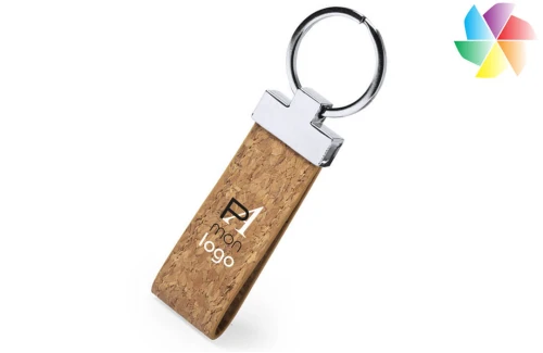 Porte-clés publicitaire personnalisé en liège naturel Branko avec anneau et détails en métal 