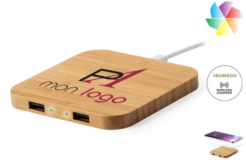 Chargeur de téléphone sans fil en bambou à double sortie USB publicitaire personnalisé Dumiax 