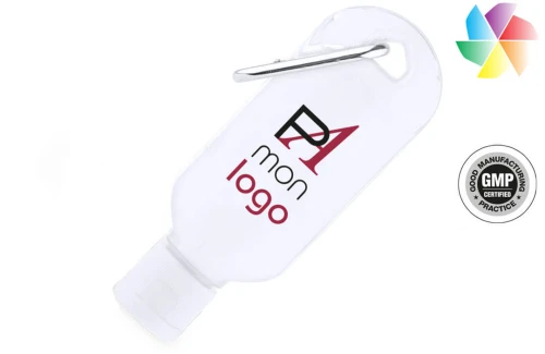 Flacon de gel hydroalcoolique personnalisé Lidem avec accroche mousqueton 