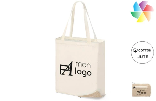 Sac shopping pliable publicitaire personnalisé Dylan avec pochette de rangement en toile de jute 