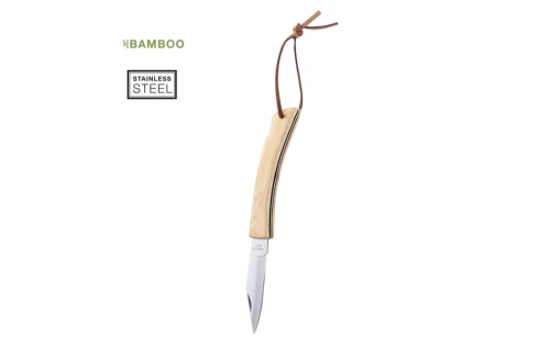 Couteau publicitaire personnalisé Sultan à poignée bambou et cordon cuir 