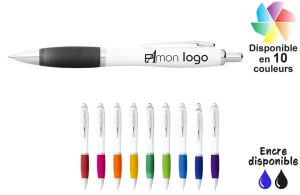 Stylo publicitaire personnalisé avec corps blanc et grip coloré 