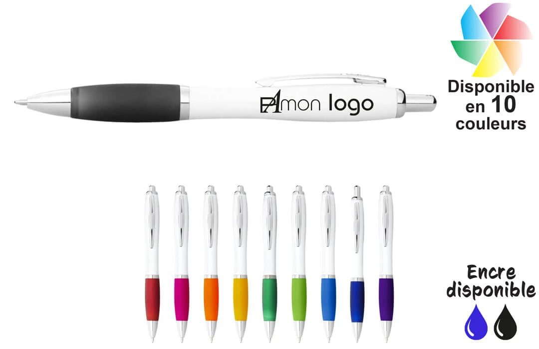 Stylo bille avec corps blanc et grip coloré Nash publicitaire dès 250 pcs.