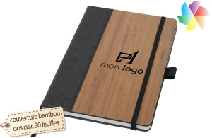 Carnet de notes publicitaire personnalisé A5 couverture bambou et dos cuir 