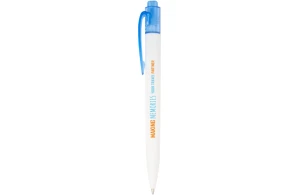 Stylo publicitaire blanc et clip coloré Thalaasa en plastique océanique