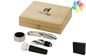 Coffret à vin publicitaire personnalisé 4 pièces en bois en bambou 