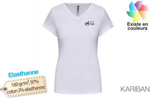 T-shirt col V blanc élasthanne pour femme publicitaire personnalisé 