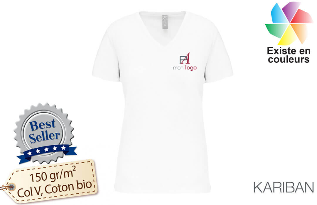 T-shirt Femme Col V Premium - White imprimé et personnalisé pour