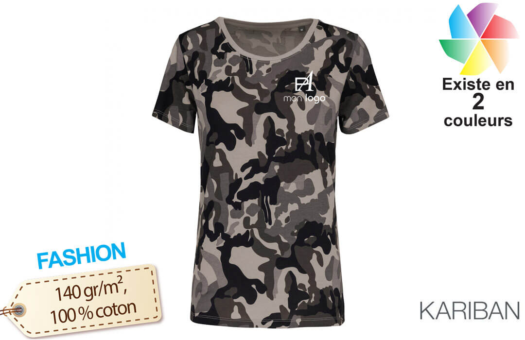 T-shirt camouflage personnalisé kariban pour femme