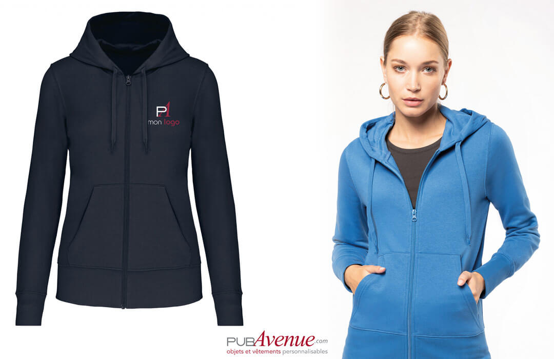 Veste capuche femme en coton bio ecologique personnalisable