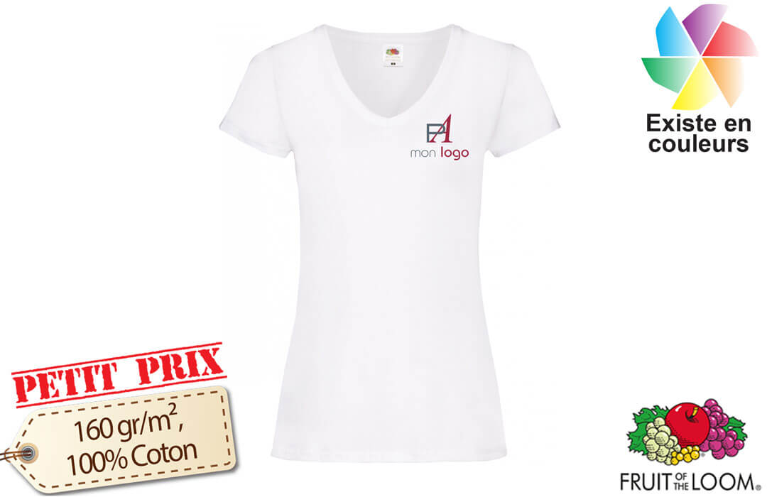 T-shirt col V blanc fruit of the loom femme publicitaire personnalisé