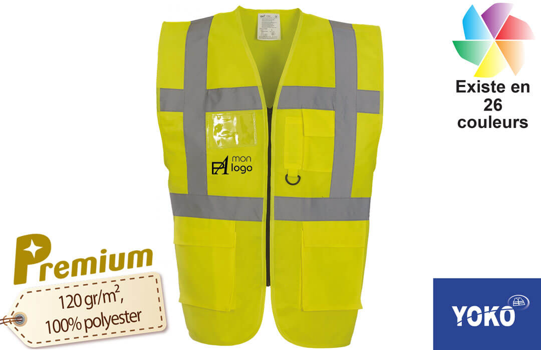 Gilet jaune, Objet publicitaire, Gilet haute visibilité personnalisable  avec fermeture éclair polux