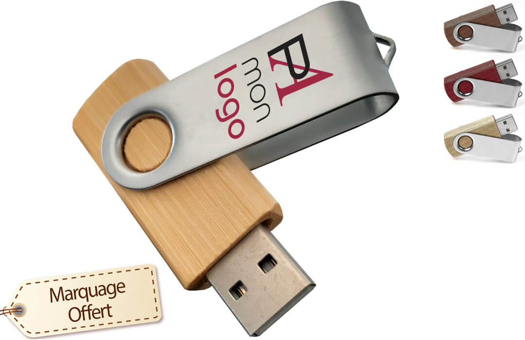 Clé USB personnalisée twister en bois et clip alu