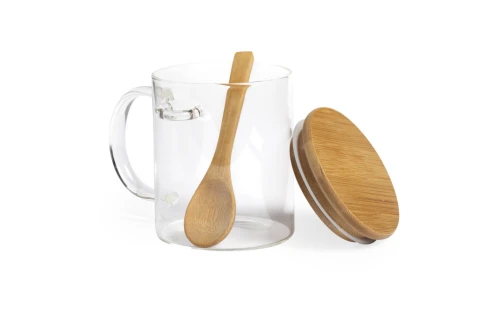 Mug en verre publicitaire personnalisé Kipal avec cuillère et couvercle bambou 